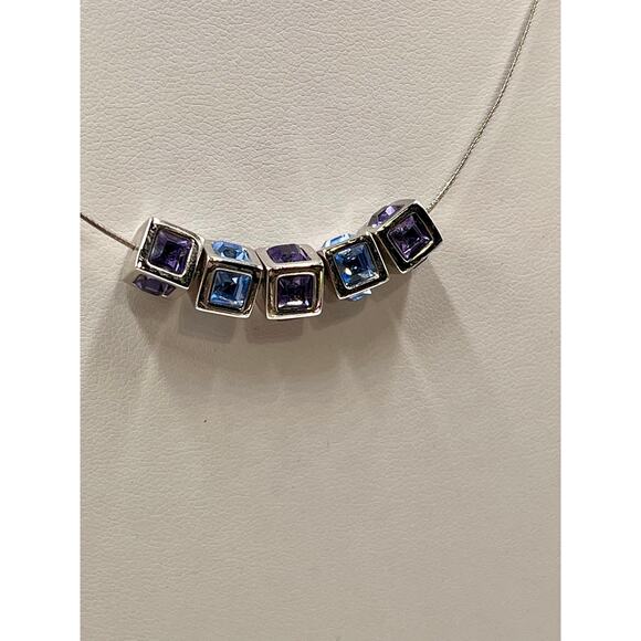 Swarovski Signed Swan Blue and Purple Crystal Cubes on Chain Necklace - Picture 2 of 10